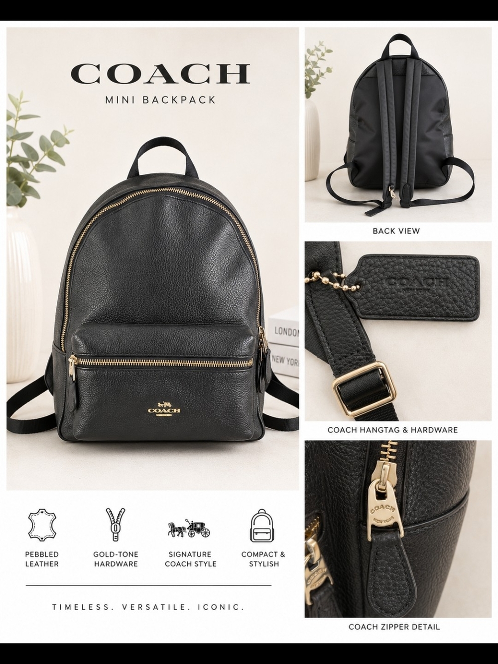 Coach Black Pebbled Leather  Backpack with Gold Hardware
